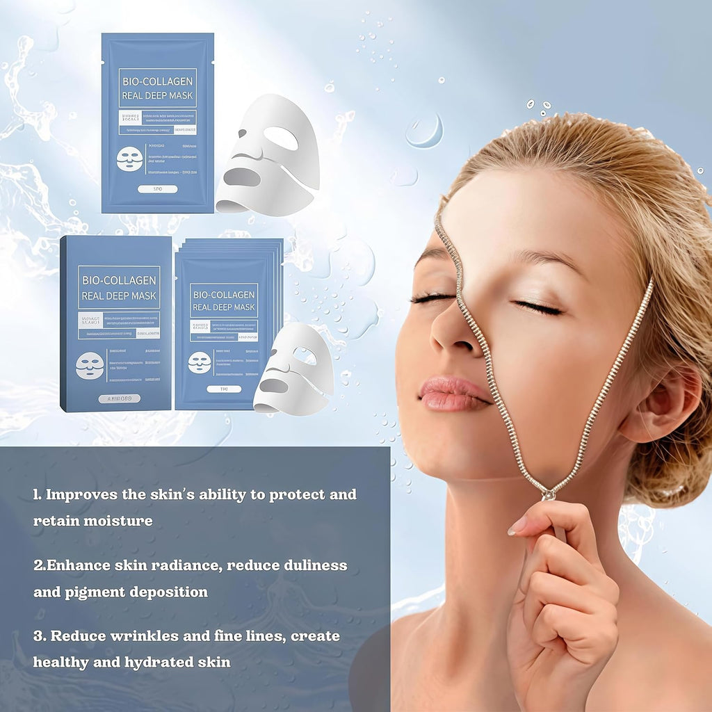 Masque facial au bio-collagène - Masque facial hydratant intense pour la nuit, soin coréen, traitements et masques faciaux pour femmes - Raffermissant et hydratant, lot de 4 (boîte bleue)