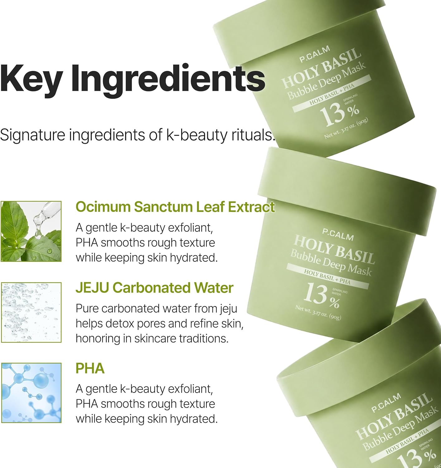 P.CALM Holy Basil Bubble Deep Mask 90g Masque coréen purifiant pour les pores, à rincer, pour le soin des points noirs et du sébum des peaux sensibles