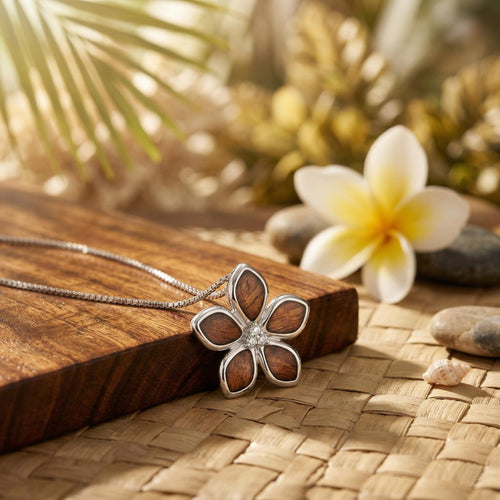 925 Sterling Silver Koa Wood Plumeria Flower Necklace Pendant with 18" Box Chain, Nickel-Free Hypoallergenic for Sensitive Skin, Hawaiian Jewelry for Women