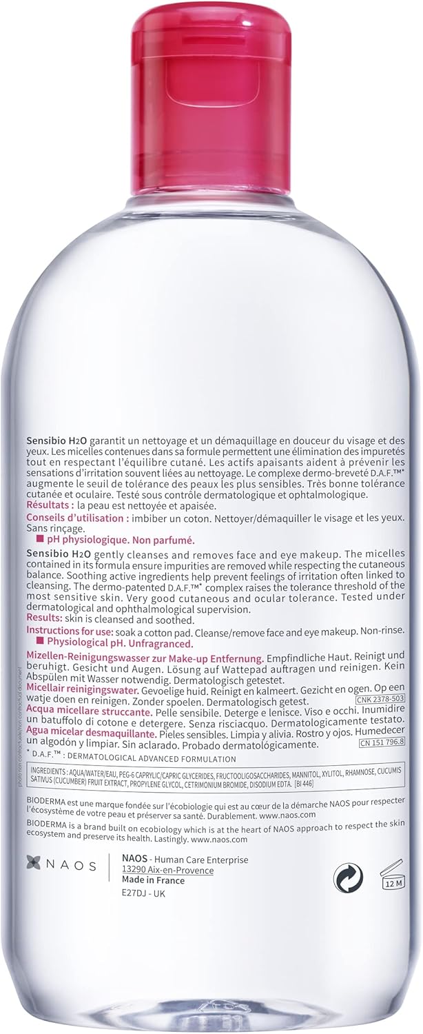BIODERMA Sensibio H2O Eau Micellaire - Nettoyant Démaquillant Apaisant Visage pour Peaux Sensibles, 500ml