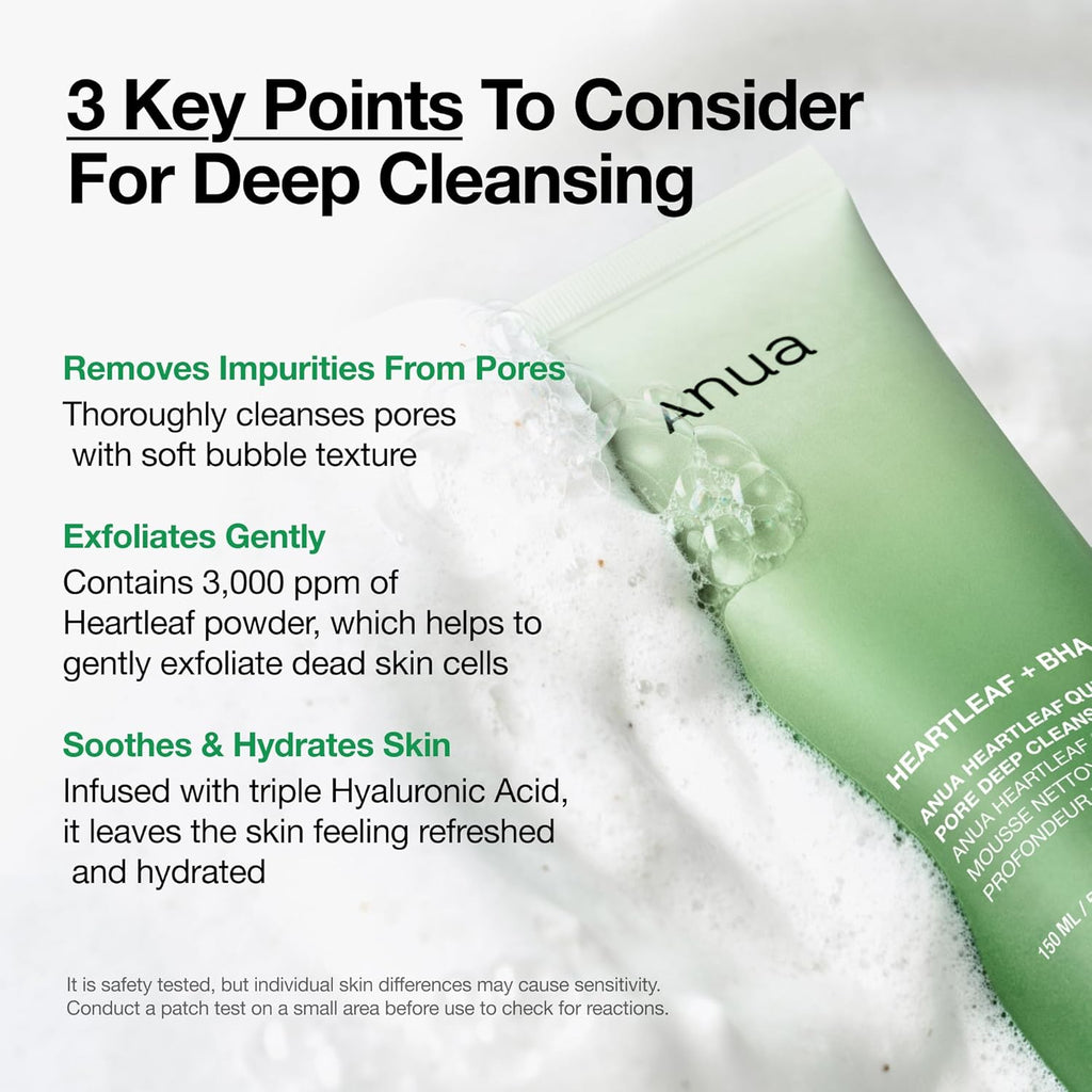 Anua Heartleaf Quercetinol Mousse Nettoyante Profonde pour Pores, Nettoyant Visage Affinant les Pores, Nettoyant Hydratant Quotidien pour Double Nettoyage, Mousse Douce au BHA, Soin Coréen, 150 ml