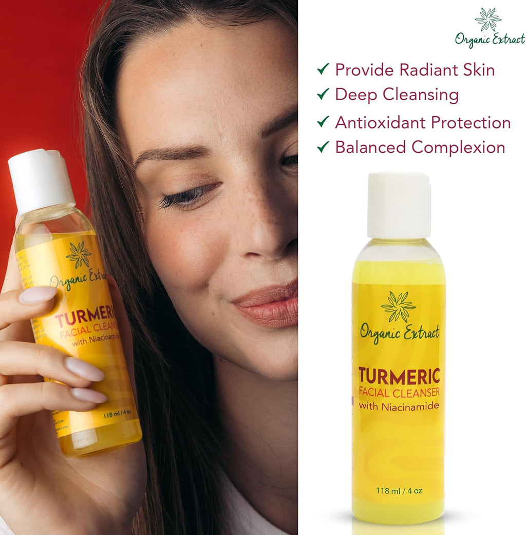 Nettoyant visage au curcuma - 4 fl oz / 118 ml - Nettoyant doux pour le visage pour peaux ternes et sujettes à l'acné - Nettoyant exfoliant quotidien pour le visage contre les taches de vieillesse, les dommages causés par le soleil - avec Niacinamide