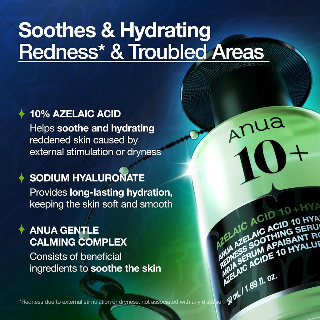 Sérum Apaisant Anua à l'Acide Azélaïque 10 et à l'Acide Hyaluronique, Sérum Visage pour Peaux Sensibles et à Imperfections, Soin Anti-Imperfections Léger et Hydratant, Acide Hyaluronique, Soin Coréen, 30 ml.
