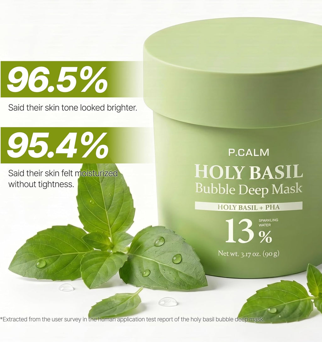 P.CALM Holy Basil Bubble Deep Mask 90g Masque coréen purifiant pour les pores, à rincer, pour le soin des points noirs et du sébum des peaux sensibles