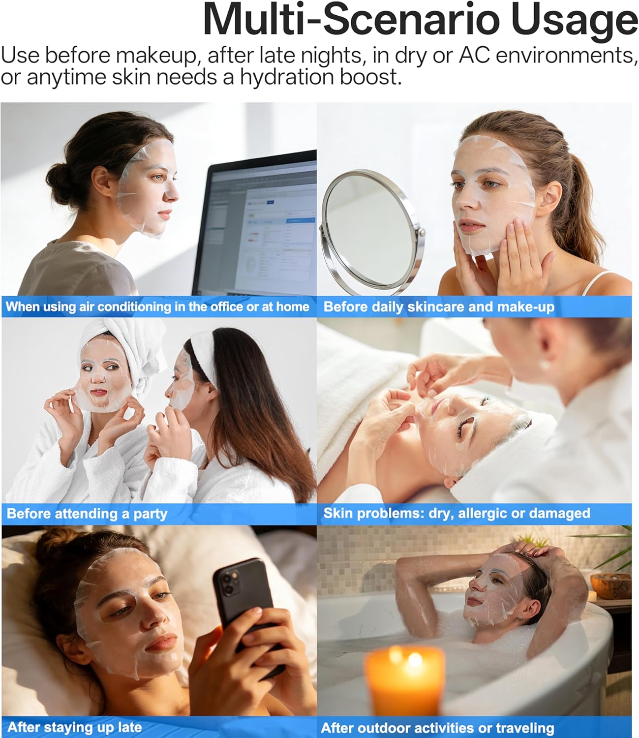 Masque facial au collagène avec acide hyaluronique, masques en tissu hydratants pour peaux sèches, sensibles, tous types de peau, 12 pièces