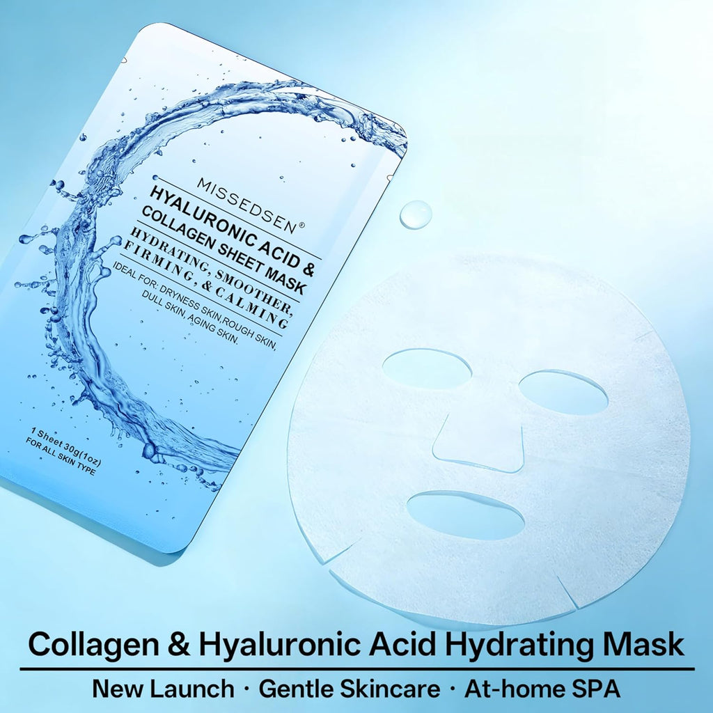 Masque facial au collagène avec acide hyaluronique, masques en tissu hydratants pour peaux sèches, sensibles, tous types de peau, 12 pièces