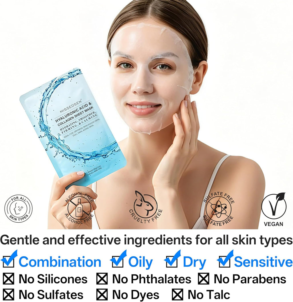 Masque facial au collagène avec acide hyaluronique, masques en tissu hydratants pour peaux sèches, sensibles, tous types de peau, 12 pièces