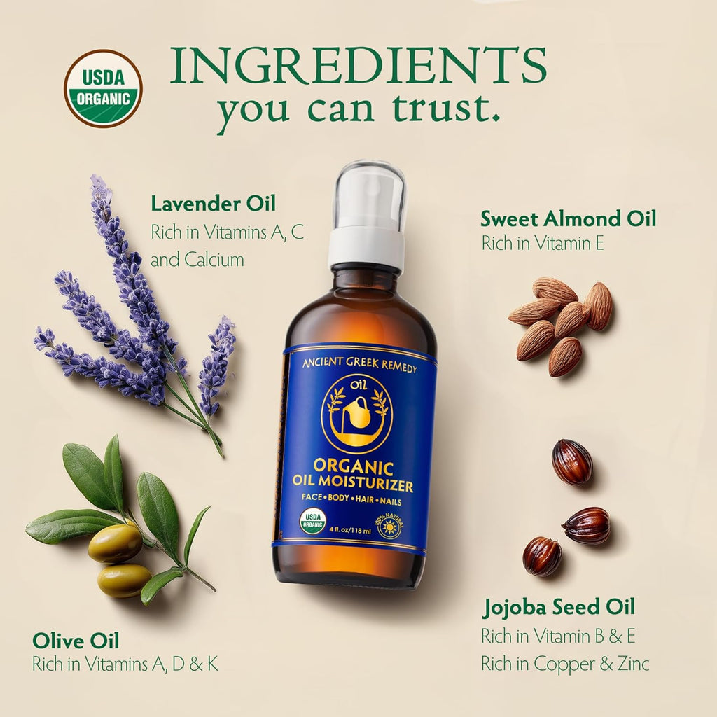 Organic Blend of Olive, Lavender, Almond and Grapeseed oils with Vitamin E. Day and night Moisturizer for Skin, Dry Hair, Face, Scalp, Foot, Cuticle and Nail Care. Natural Body oil for Men and Women
