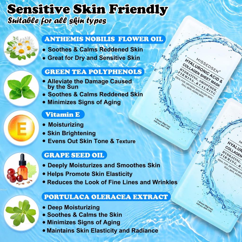 Masque facial au collagène avec acide hyaluronique, masques en tissu hydratants pour peaux sèches, sensibles, tous types de peau, 12 pièces