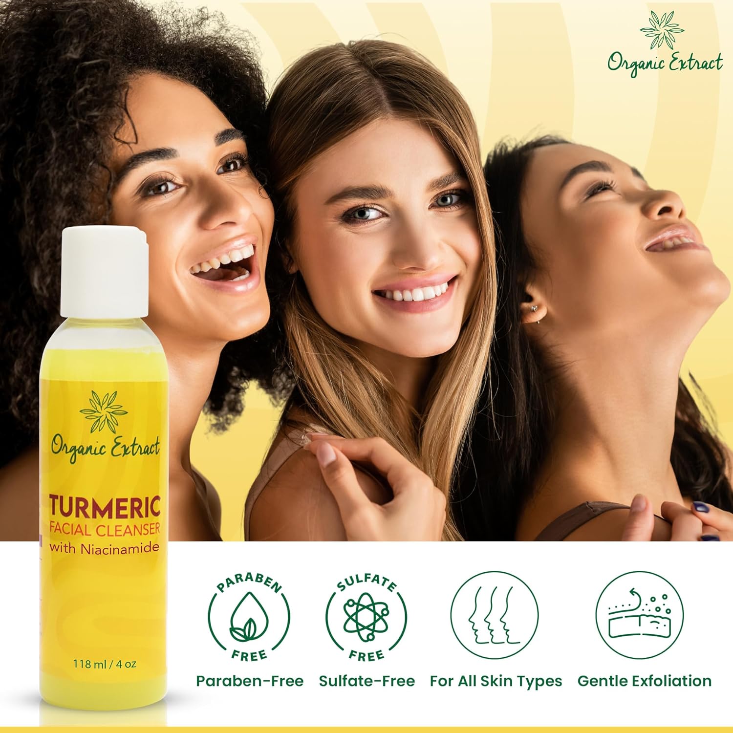 Nettoyant visage au curcuma - 4 fl oz / 118 ml - Nettoyant doux pour le visage pour peaux ternes et sujettes à l'acné - Nettoyant exfoliant quotidien pour le visage contre les taches de vieillesse, les dommages causés par le soleil - avec Niacinamide