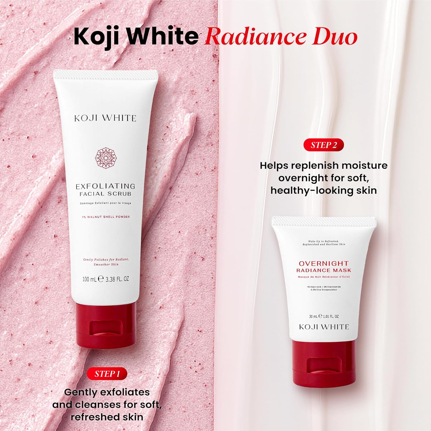 Gommage exfoliant Koji White pour le visage, nettoyant doux pour le visage avec 1% de poudre de noix, AHA, dipalmitate d'acide kojique et acide hyaluronique | Hydratant, sans parfum, végétalien, 100 ml (3,38 fl oz)
