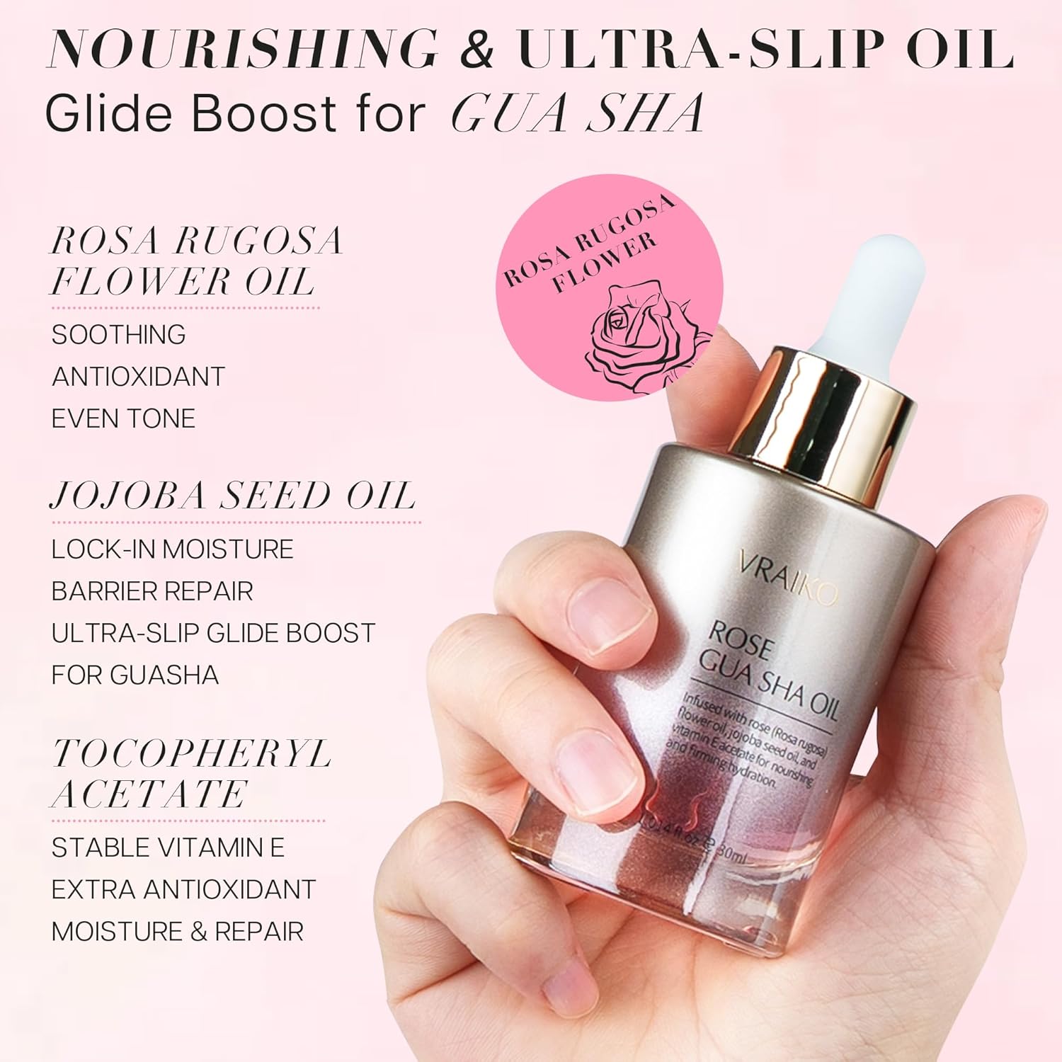 Sérum Huile Visage Gua Sha VRAIKO | Fleur de Rosa Rugosa, Huile de Jojoba et d'Olive | Hydratant & Revitalisant | À base de plantes, sans cruauté animale, naturel | 30 ml (1 fl oz)