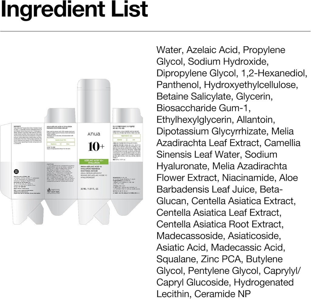 Sérum Apaisant Anua à l'Acide Azélaïque 10 et à l'Acide Hyaluronique, Sérum Visage pour Peaux Sensibles et à Imperfections, Soin Anti-Imperfections Léger et Hydratant, Acide Hyaluronique, Soin Coréen, 30 ml.