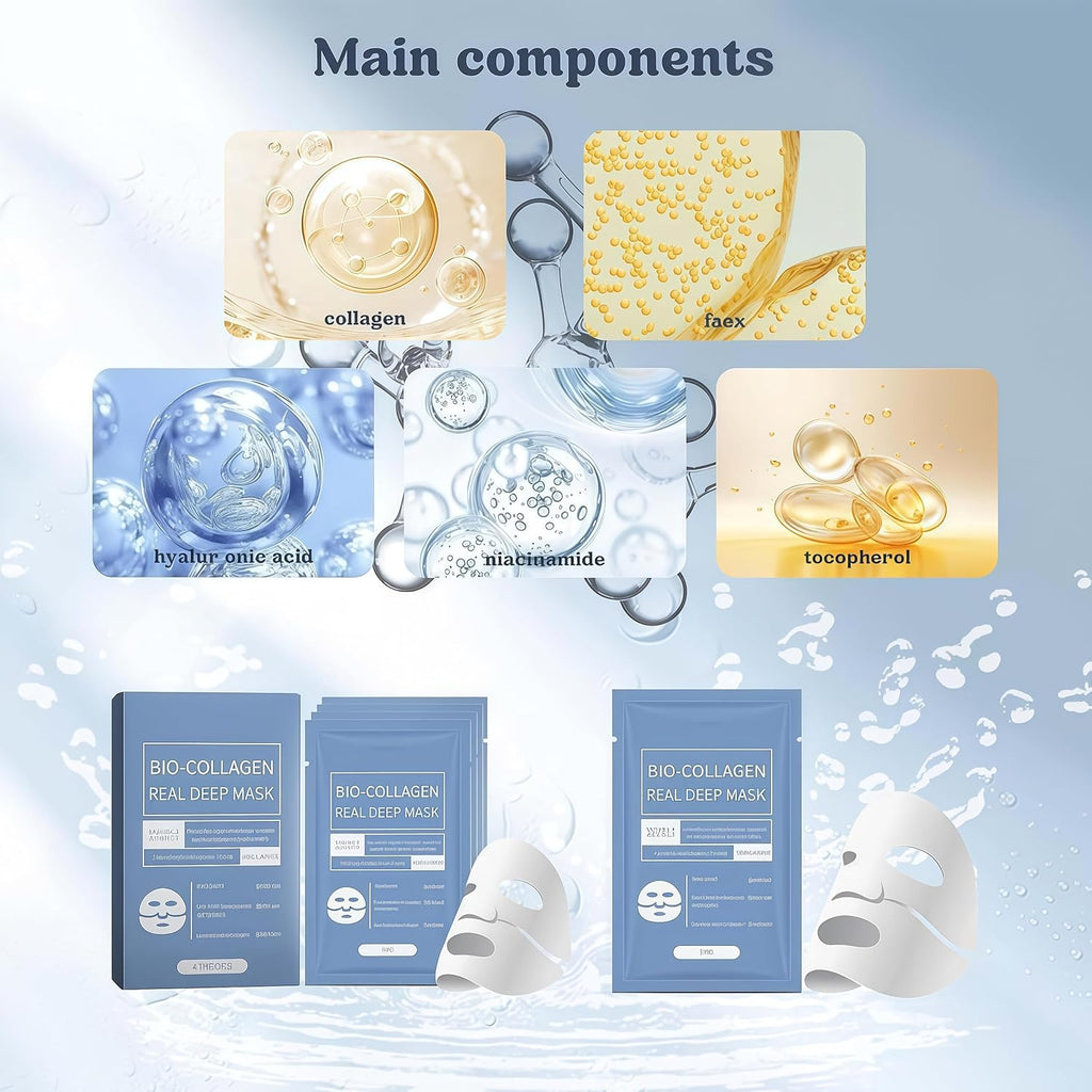 Masque facial au bio-collagène - Masque facial hydratant intense pour la nuit, soin coréen, traitements et masques faciaux pour femmes - Raffermissant et hydratant, lot de 4 (boîte bleue)