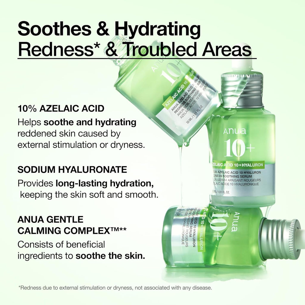 Sérum Apaisant Anua à l'Acide Azélaïque 10 et à l'Acide Hyaluronique, Sérum Visage pour Peaux Sensibles et à Imperfections, Soin Anti-Imperfections Léger et Hydratant, Acide Hyaluronique, Soin Coréen, 30 ml.