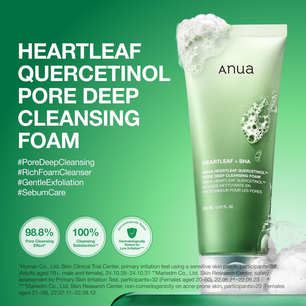 Anua Heartleaf Quercetinol Mousse Nettoyante Profonde pour Pores, Nettoyant Visage Affinant les Pores, Nettoyant Hydratant Quotidien pour Double Nettoyage, Mousse Douce au BHA, Soin Coréen, 150 ml