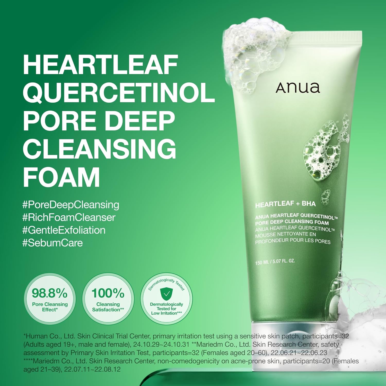 Anua Heartleaf Quercetinol Mousse Nettoyante Profonde pour Pores, Nettoyant Visage Affinant les Pores, Nettoyant Hydratant Quotidien pour Double Nettoyage, Mousse Douce au BHA, Soin Coréen, 150 ml
