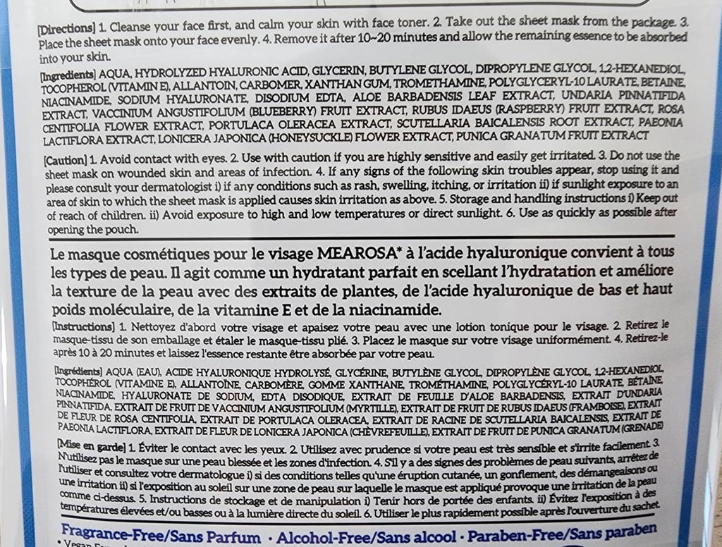 MEAROSA* Masques en tissu pour le visage à 8,5 % d'acide hyaluronique, niacinamide, vitamine E - Formule végétalienne - Testés dermatologiquement - Qualité supérieure - Peaux sensibles [6 masques]
