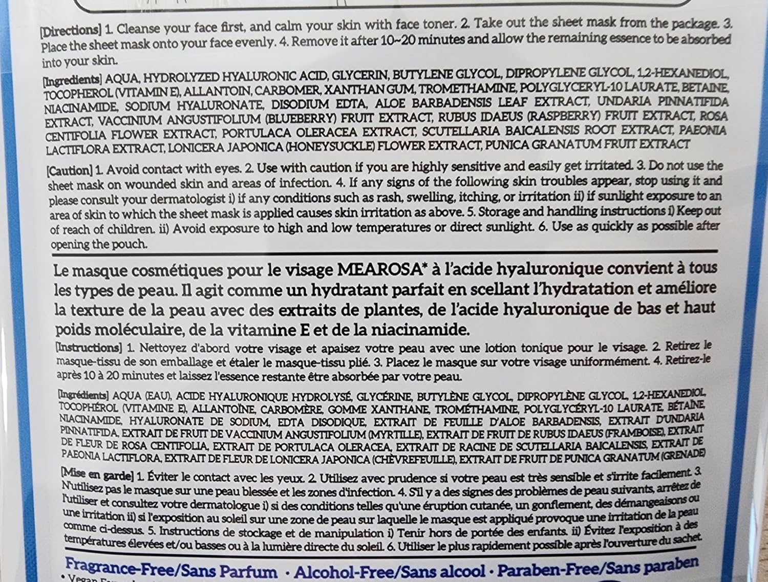 MEAROSA* Masques en tissu pour le visage à 8,5 % d'acide hyaluronique, niacinamide, vitamine E - Formule végétalienne - Testés dermatologiquement - Qualité supérieure - Peaux sensibles [6 masques]